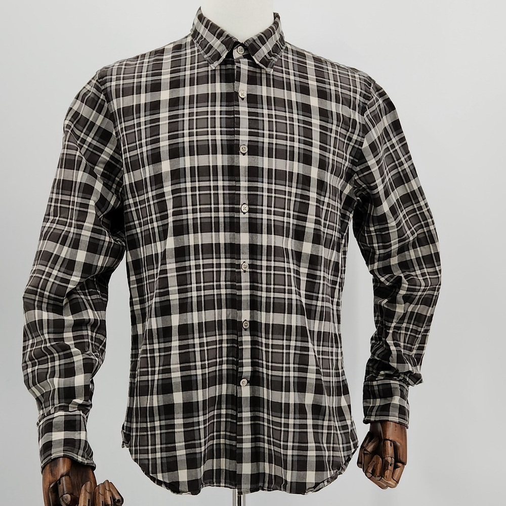 John Varvatos USA Mens Luxury Plaid Shirt Long Sleeve Black White Gray L